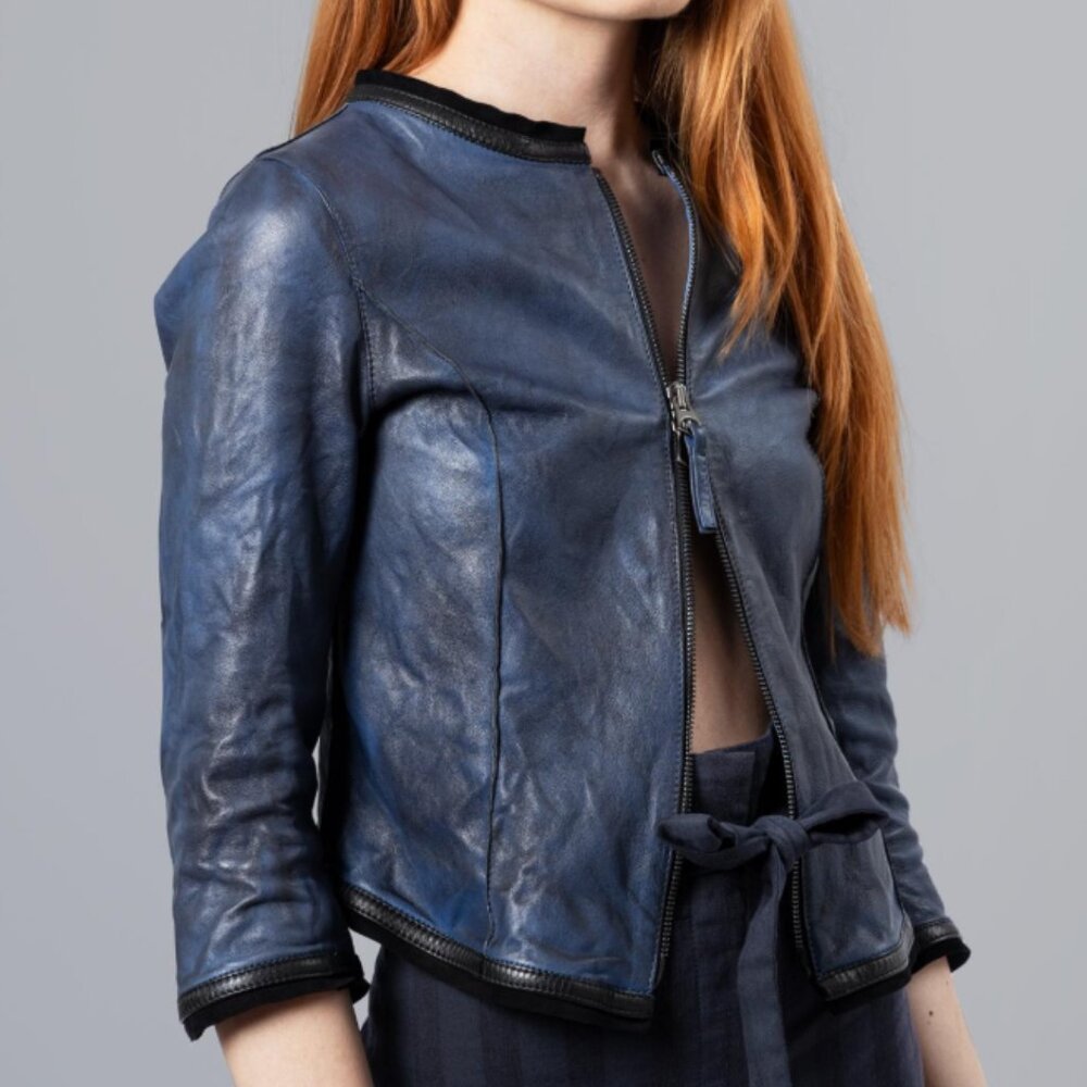 EMPRESA  Cropped Blue Leather Jacket - size XS -- Made in Italy
